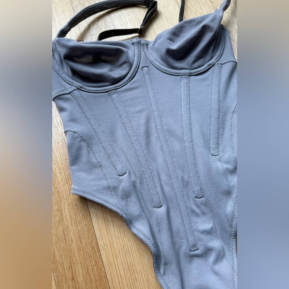 SKIMS Charcoal Grey Cotton Corset Thong Bodysuit | Size: XXS | Sold Out - Picture 5 of 7